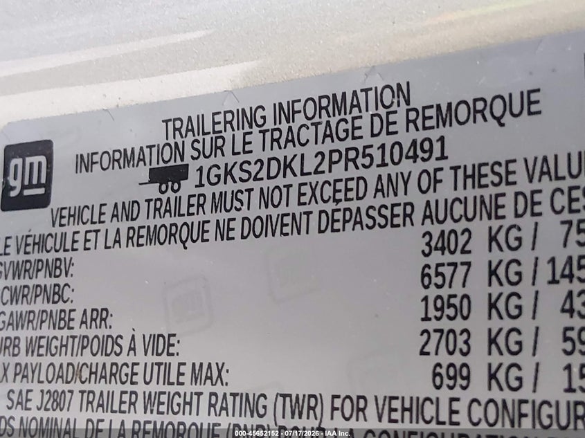 2023 Gmc Yukon VIN 1GKS2DKL2PR510491 IAAI salvage auction — FRONT & REAR, Wait Title, sold $23,000 on 2026-09-05 (photo 9)