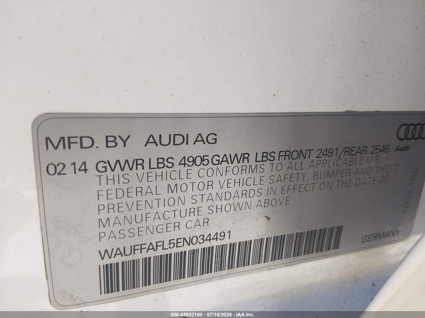 2014 Audi A4 VIN WAUFFAFL5EN034491 IAAI salvage auction — NORMAL WEAR, Clear (Missouri), sold $50 on 2026-07-28 (photo 9)