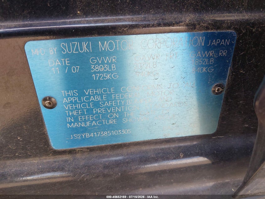 2008 Suzuki Sx4 VIN JS2YB417385103305 IAAI salvage auction — NORMAL WEAR, Clear-Dealer Only (Oregon), sold $575 on 2026-07-30 (photo 9)