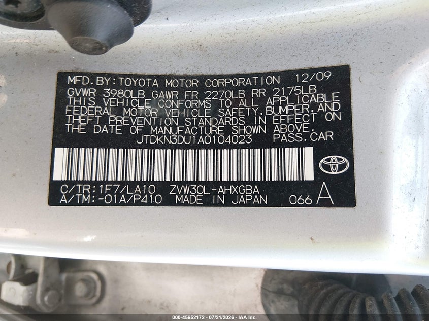 2010 Toyota Prius VIN JTDKN3DU1A0104023 IAAI salvage auction — NORMAL WEAR, Clear (Louisiana), sold $1,050 on 2026-07-29 (photo 9)
