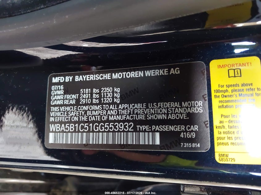 2016 BMW 5er VIN WBA5B1C51GG553932 IAAI salvage auction — FRONT END, Wait Title, sold $6,100 on 2026-08-19 (photo 9)