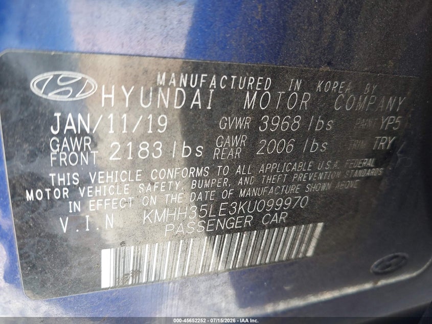 2019 Hyundai Elantra VIN KMHH35LE3KU099970 IAAI salvage auction — NORMAL WEAR, Salvage Title, sold $1,650 on 2026-07-29 (photo 9)