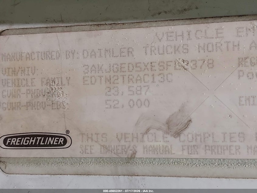 2014 Freightliner Cascadia 125 VIN 3AKJGED5XESFL2378 IAAI salvage auction — REPOSSESSION, Clear (Georgia), sold $1,850 on 2026-09-09 (photo 8)