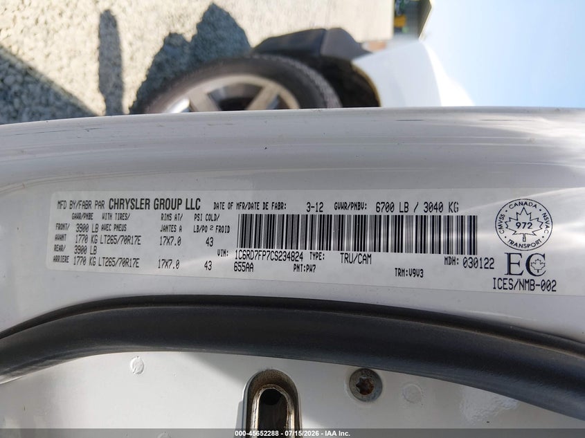 2012 Ram 1500 VIN 1C6RD7FP7CS234824 IAAI salvage auction — UNKNOWN, Clear - Public Restricted (Oregon), sold $500 on 2026-08-01 (photo 9)