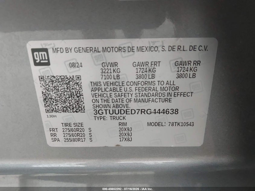 2024 Gmc SIERRA VIN 3GTUUDED7RG444638 IAAI salvage auction — FRONT END, Original (Texas), sold $19,850 on 2026-09-26 (photo 9)