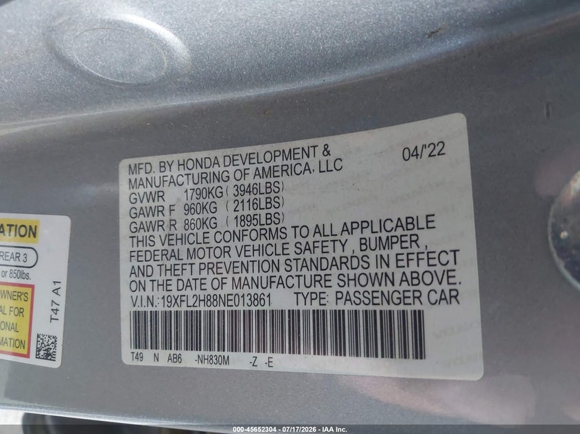 2022 Honda Civic VIN 19XFL2H88NE013861 IAAI salvage auction — FRONT & REAR, Salvage Title, sold $5,725 on 2026-08-27 (photo 9)