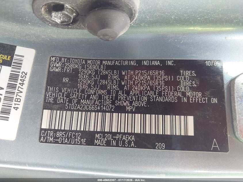 2006 Toyota Sienna VIN 5TDZA23C66S414072 IAAI salvage auction — NORMAL WEAR, Original (Ohio), sold $225 on 2026-07-28 (photo 9)