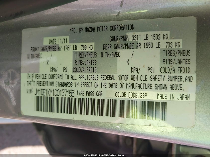 2012 Mazda 2 VIN JM1DE1KY1C0137156 IAAI salvage auction — NORMAL WEAR, Clear (Hawaii), sold $800 on 2026-07-28 (photo 9)
