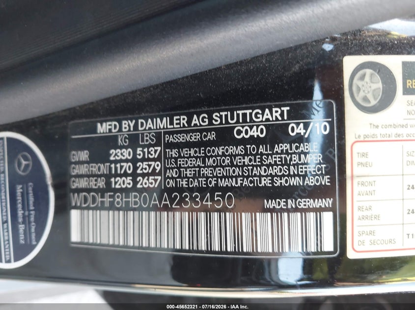 2010 Mercedes-benz E-class VIN WDDHF8HB0AA233450 IAAI salvage auction — NORMAL WEAR, Clear - Dealer Only (California), sold $850 on 2026-08-01 (photo 9)
