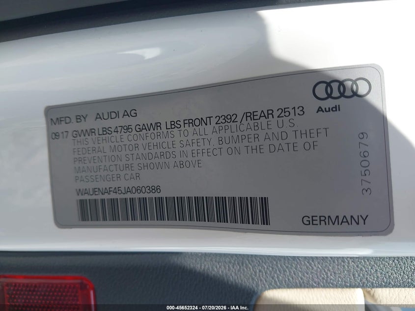 2018 Audi A4 VIN WAUENAF45JA060386 IAAI salvage auction — SIDE, Wait Title, sold $4,800 on 2026-08-02 (photo 9)