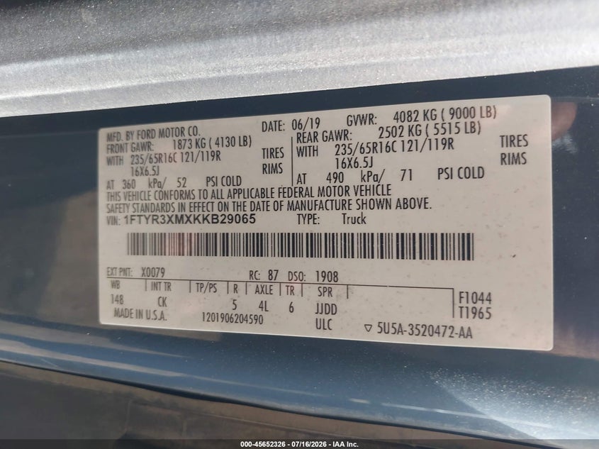 2019 Ford Transit-250 VIN 1FTYR3XMXKKB29065 IAAI salvage auction — LEFT REAR, Bill Of Sale (Washington), sold $7,300 on 2026-08-11 (photo 9)