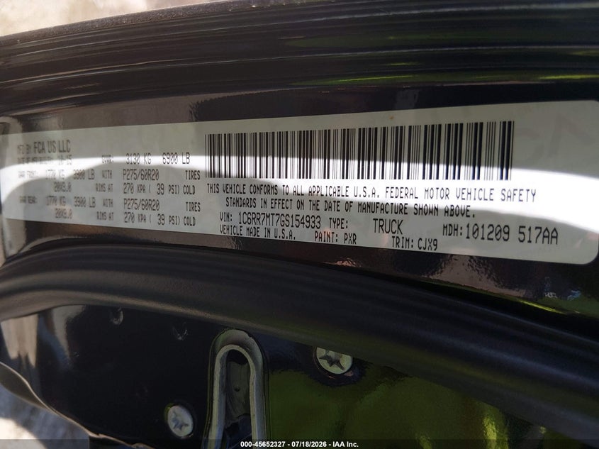 2016 Ram 1500 VIN 1C6RR7MT7GS154933 IAAI salvage auction — NORMAL WEAR, Clear (Kansas), sold $900 on 2026-07-24 (photo 9)