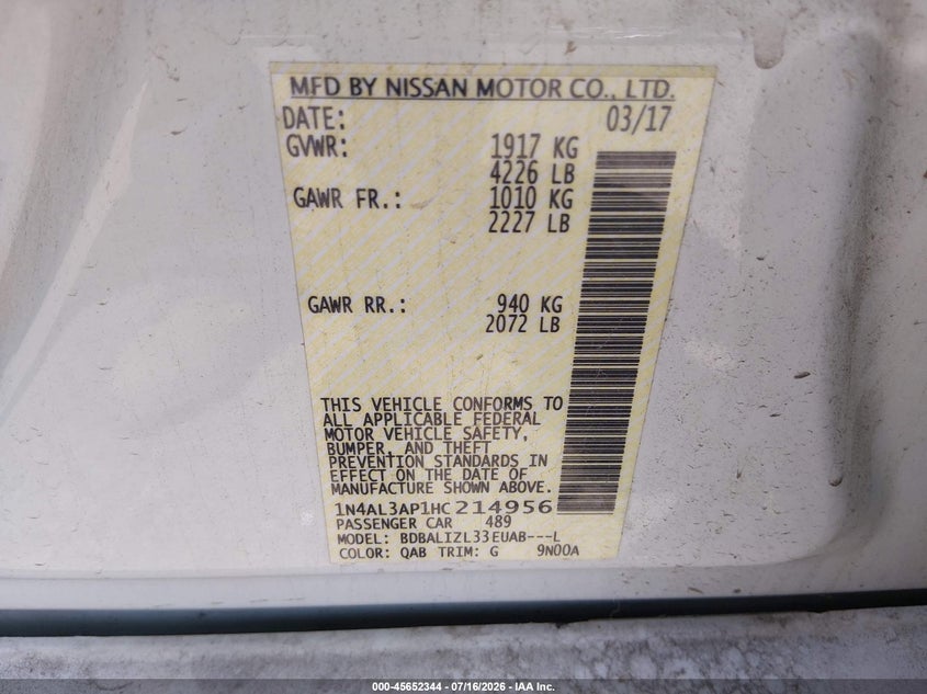 2017 Nissan Altima VIN 1N4AL3AP1HC214956 IAAI salvage auction — REAR END, Certificate Of Title (Nebraska), sold $1,950 on 2026-07-30 (photo 9)