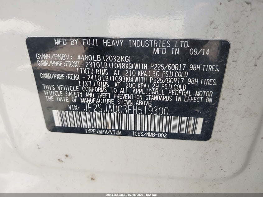 2015 Subaru Forester VIN JF2SJADC3FH519300 IAAI salvage auction — FRONT END, Wait Title, sold $1,750 on 2026-07-30 (photo 9)