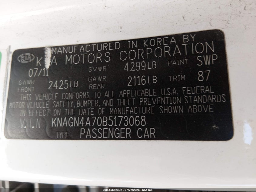 2011 Kia Optima VIN KNAGN4A70B5173068 IAAI salvage auction — NORMAL WEAR, Clear - Dealer Only (California), sold $750 on 2026-08-01 (photo 9)