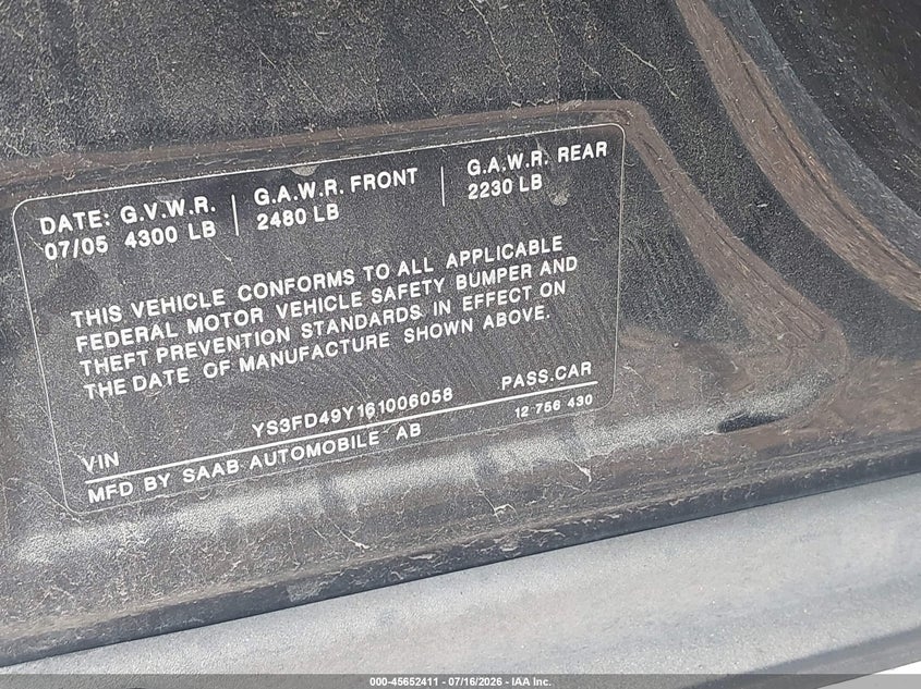 2006 Saab 9-3 VIN YS3FD49Y161006058 IAAI salvage auction — NORMAL WEAR, Clear (Delaware), sold $25 on 2026-07-30 (photo 9)