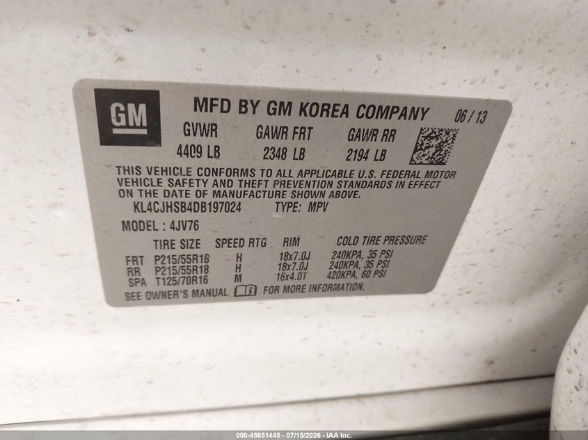 2013 Buick Encore VIN KL4CJHSB4DB197024 IAAI salvage auction — NORMAL WEAR, Clear (New York), sold $25 on 2026-07-21 (photo 9)