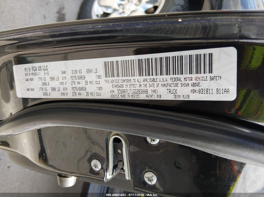 2016 Ram 1500 VIN 3C6RR7LT1GG263008 IAAI salvage auction — RIGHT SIDE, Salvage Title, sold $3,350 on 2026-08-15 (photo 9)