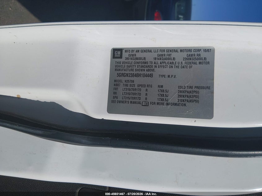 2008 Hummer H2 VIN 5GRGN23848H104449 IAAI salvage auction — RIGHT SIDE, Clear (Colorado), sold $1,850 on 2026-07-29 (photo 9)