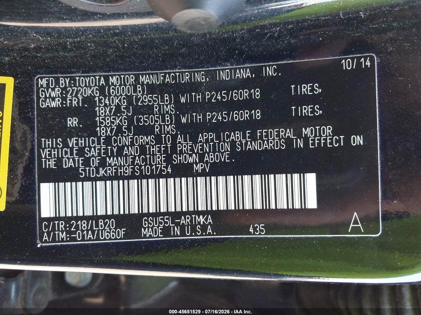 2015 Toyota Highlander VIN 5TDJKRFH9FS101754 IAAI salvage auction — UNKNOWN, Original (Maine), sold $75 on 2026-07-27 (photo 9)