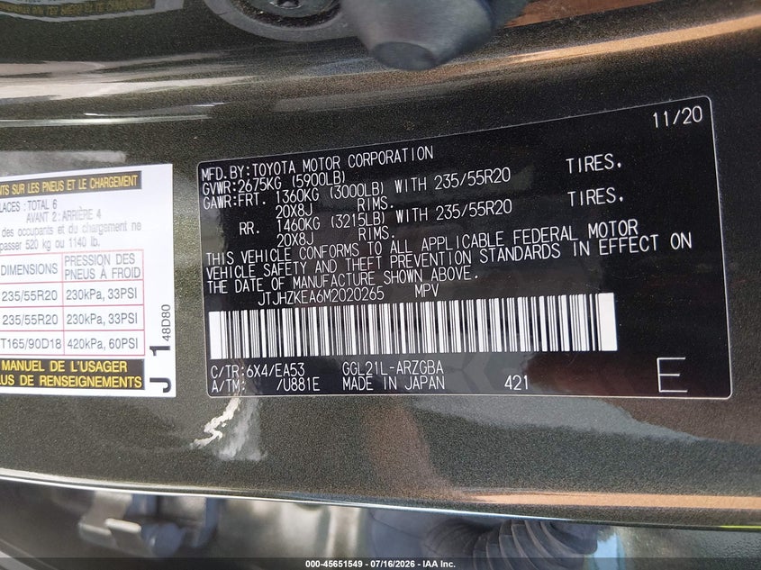 2021 Lexus Rx 350l VIN JTJHZKEA6M2020265 IAAI salvage auction — FRONT END, Salvage (California), sold $12,700 on 2026-07-30 (photo 9)