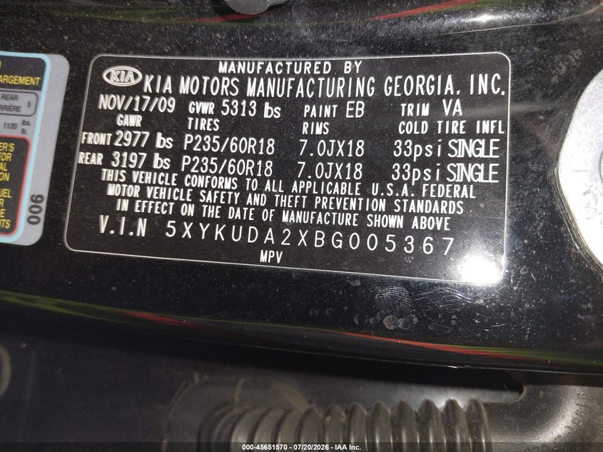 2011 Kia Sorento VIN 5XYKUDA2XBG005367 IAAI salvage auction — ROOF, Mv-907A (New York), sold $1,300 on 2026-07-25 (photo 9)