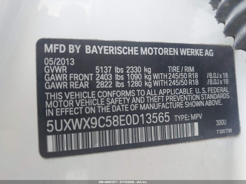 2014 BMW X3 VIN 5UXWX9C58E0D13565 IAAI salvage auction — RIGHT FRONT, Clear (Minnesota), sold $550 on 2026-07-29 (photo 9)