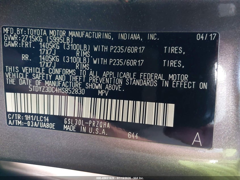 2017 Toyota Sienna VIN 5TDYZ3DC4HS852830 IAAI salvage auction — FRONT & REAR, Salvage Title, sold $3,150 on 2026-07-29 (photo 9)