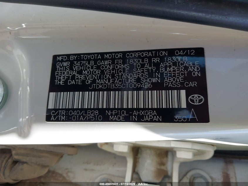 2012 Toyota Prius c VIN JTDKDTB35C1009426 IAAI salvage auction — NORMAL WEAR, Clear (New Mexico), sold $2,700 on 2026-07-20 (photo 9)