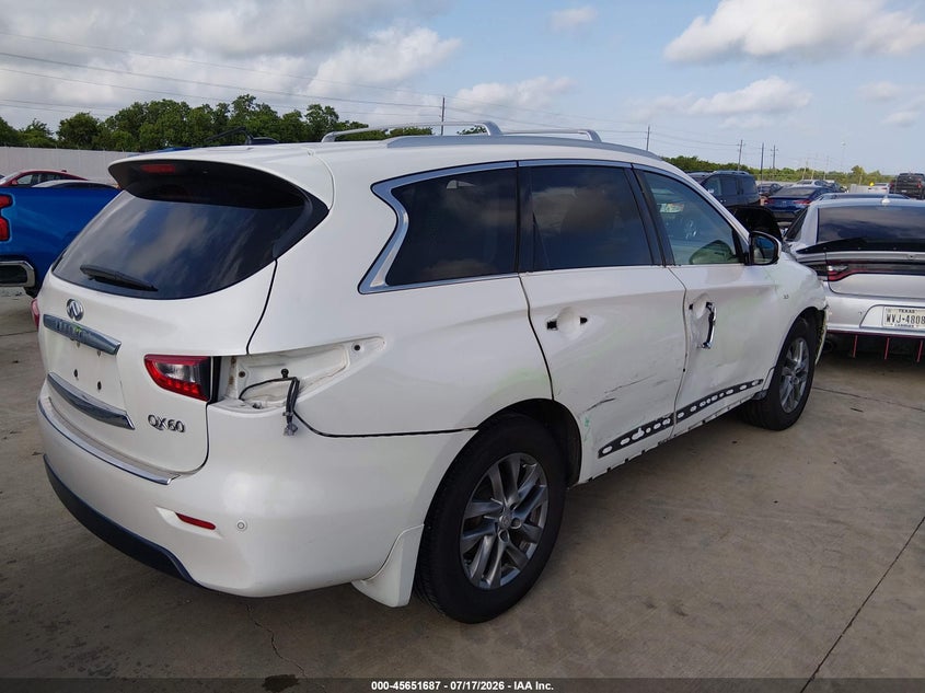 2015 Infiniti Qx60 VIN 5N1AL0MN6FC550372 IAAI salvage auction — SIDE, Original (Texas), sold $1,150 on 2026-08-19 (photo 4)