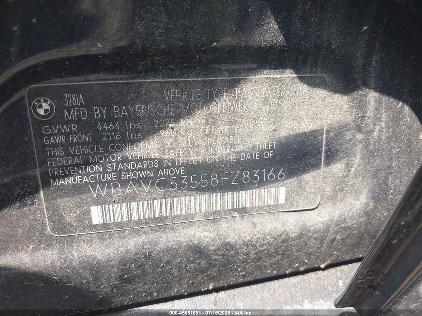 2008 BMW 3 series VIN WBAVC53558FZ83166 IAAI salvage auction — NORMAL WEAR, Clear (New York), sold $425 on 2026-07-28 (photo 9)