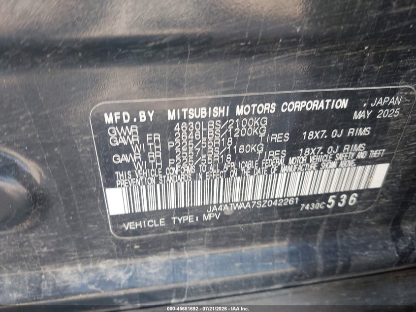 2025 Mitsubishi Eclipse cross VIN JA4ATWAA7SZ042261 IAAI salvage auction — RIGHT FRONT, Enterprise Vehicles Clear Only (Indiana), sold $13,000 on 2026-07-29 (photo 9)