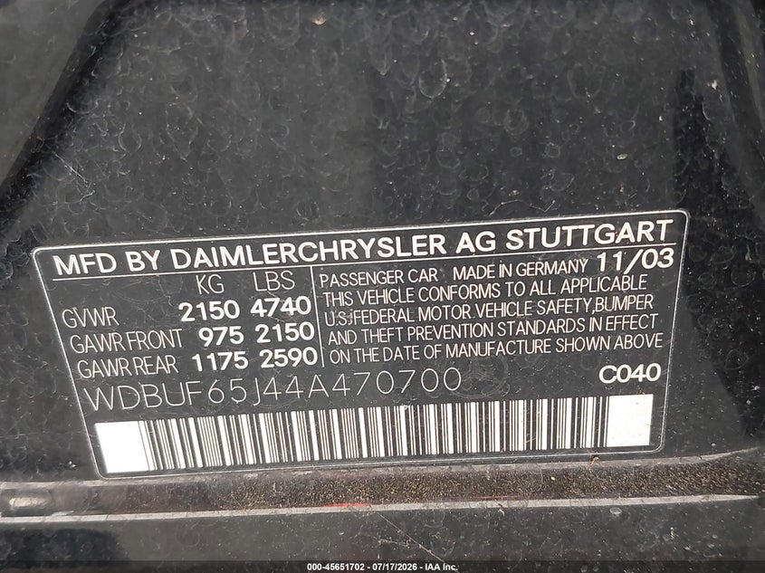 2004 Mercedes-benz E-class VIN WDBUF65J44A470700 IAAI salvage auction — NORMAL WEAR, Clear (Georgia), sold $25 on 2026-07-29 (photo 9)