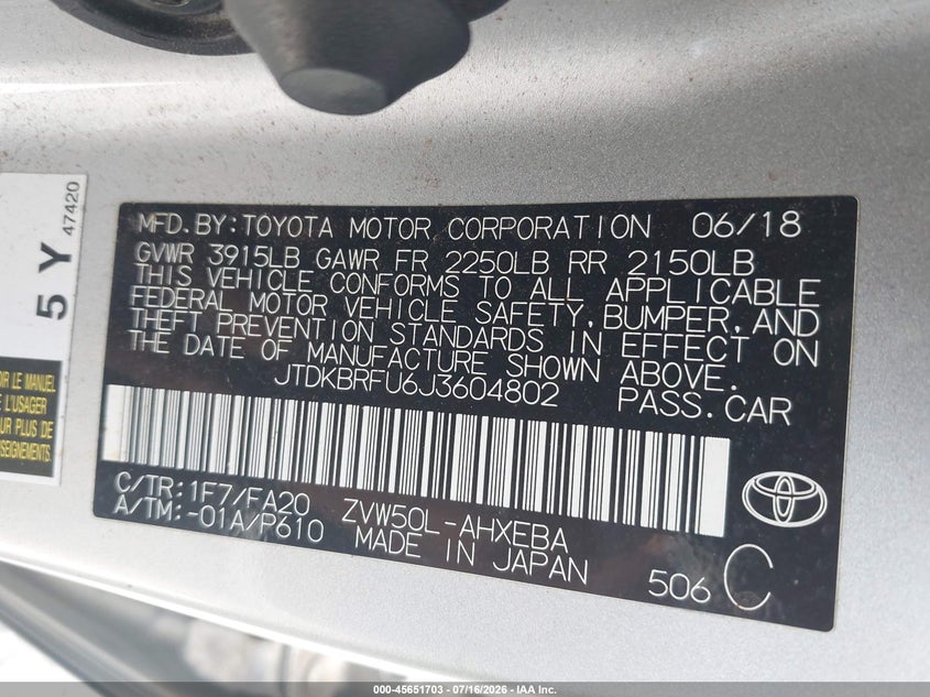 2018 Toyota Prius VIN JTDKBRFU6J3604802 IAAI salvage auction — FRONT END, Salvage Title, sold $2,000 on 2026-07-28 (photo 9)
