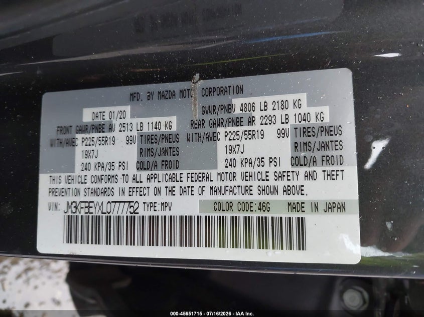 2020 Mazda Cx-5 VIN JM3KFBEYXL0777752 IAAI salvage auction — RIGHT SIDE, Bill Of Sale (Washington), sold $2,750 on 2026-07-29 (photo 9)