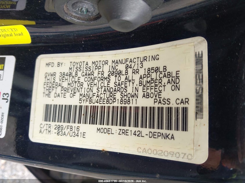 2013 Toyota Corolla VIN 5YFBU4EE8DP189811 IAAI salvage auction — NORMAL WEAR, Clear (Louisiana), sold $2,225 on 2026-08-01 (photo 9)