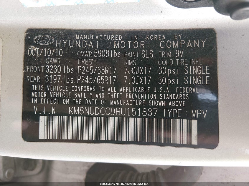 2011 Hyundai Veracruz VIN KM8NUDCC9BU151837 IAAI salvage auction — NORMAL WEAR, Clear (Maryland), sold $650 on 2026-07-29 (photo 9)