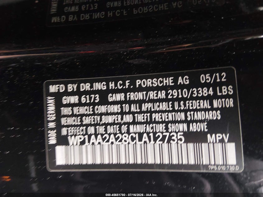 2012 Porsche Cayenne VIN WP1AA2A28CLA12735 IAAI salvage auction — NORMAL WEAR, Clear (Washington), sold $500 on 2026-07-29 (photo 9)