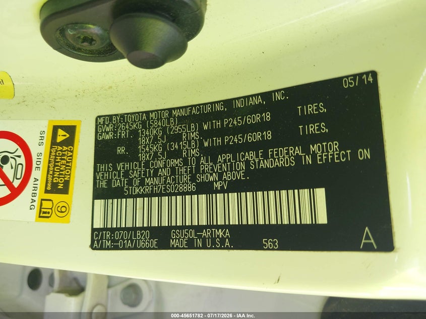 2014 Toyota Highlander VIN 5TDKKRFH7ES028886 IAAI salvage auction — FRONT END, Salvage (Arkansas), sold $5,700 on 2026-08-05 (photo 9)