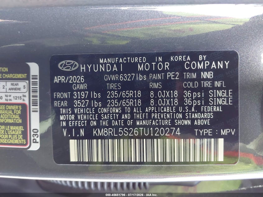 2026 Hyundai Palisade VIN KM8RL5S26TU120274 IAAI salvage auction — FRONT & REAR, Enterprise Vehicles Clear Only (Texas), sold $13,300 on 2026-07-29 (photo 9)