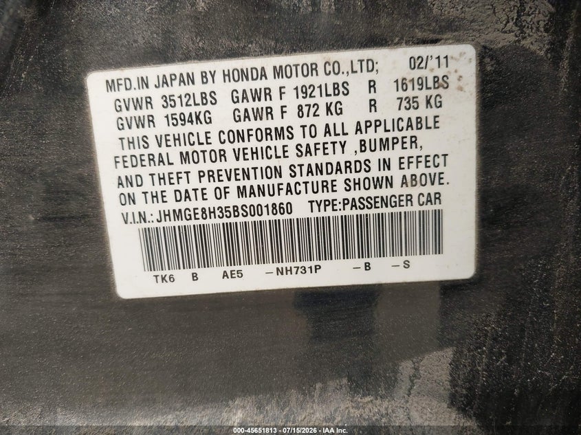 2011 Honda Fit VIN JHMGE8H35BS001860 IAAI salvage auction — NORMAL WEAR, Original (Maine), sold $275 on 2026-07-27 (photo 9)