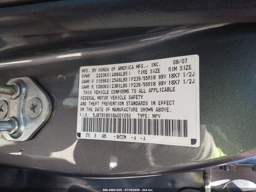 2008 Acura Rdx VIN 5J8TB18518A001050 IAAI salvage auction — FRONT END, Salvage (California), sold $475 on 2026-07-31 (photo 9)