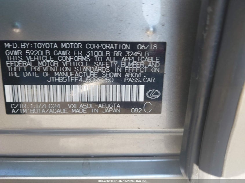 2018 Lexus Ls VIN JTHB51FF4J5005250 IAAI salvage auction — NORMAL WEAR, Clear - Dealer Only (California), sold $11,300 on 2026-07-29 (photo 9)