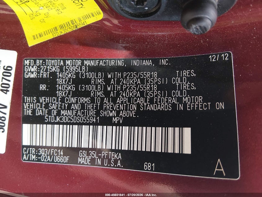 2013 Toyota Sienna VIN 5TDJK3DC5DS055941 IAAI salvage auction — NORMAL WEAR, Clear-Dealer Only (West Virginia), sold $25 on 2026-07-23 (photo 9)