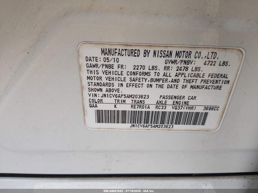 2010 Infiniti G37 VIN JN1CV6AP5AM203623 IAAI salvage auction — NORMAL WEAR, Clear (Florida), sold $25 on 2026-07-28 (photo 9)