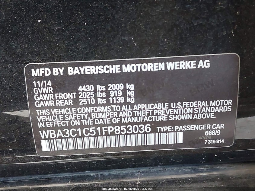 2015 BMW 3er VIN WBA3C1C51FP853036 IAAI salvage auction — REAR END, Salvage Title, sold $1,950 on 2026-07-31 (photo 9)