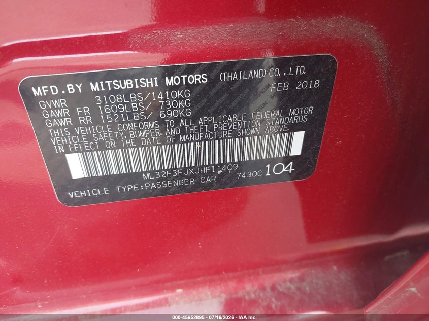 2018 Mitsubishi Mirage VIN ML32F3FJXJHF11409 IAAI salvage auction — NORMAL WEAR, Clear (North Carolina), sold $25 on 2026-07-22 (photo 9)