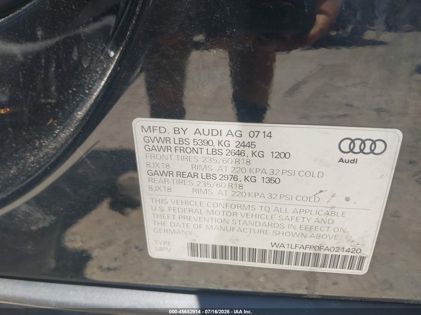 2015 Audi Q5 VIN WA1LFAFP0FA021420 IAAI salvage auction — FRONT END, Clear (Massachusetts), sold $2,700 on 2026-07-31 (photo 9)