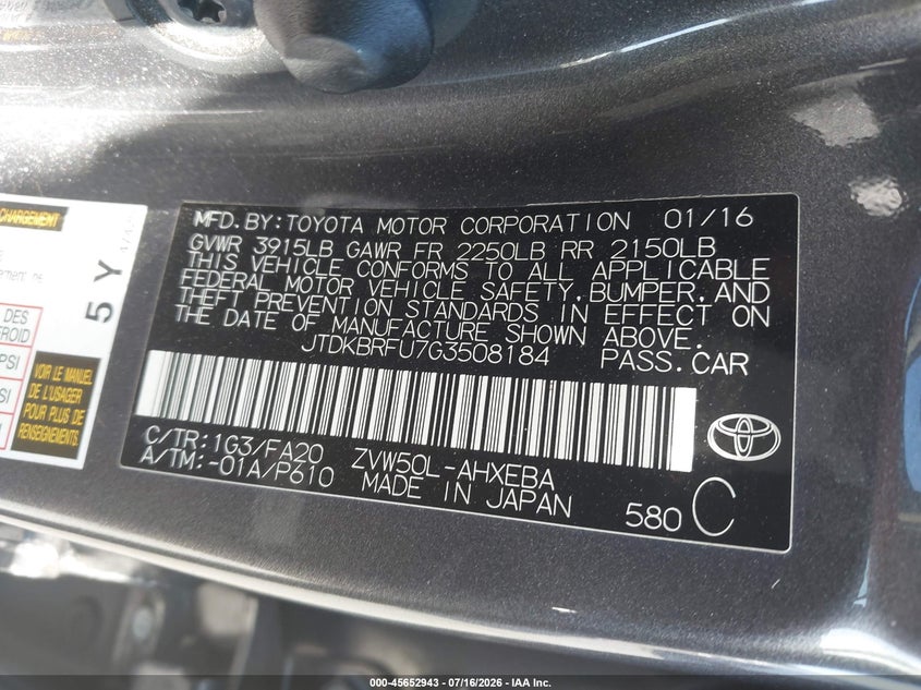 2016 Toyota Prius VIN JTDKBRFU7G3508184 IAAI salvage auction — NORMAL WEAR, Clear - Dealer Only (California), sold $2,050 on 2026-07-29 (photo 9)