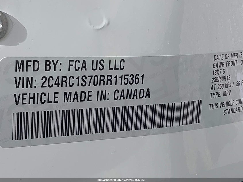 2024 Chrysler Pacifica VIN 2C4RC1S70RR115361 IAAI salvage auction — REAR END, Enterprise Vehicles Clear Only (Florida), sold $13,100 on 2026-07-19 (photo 9)